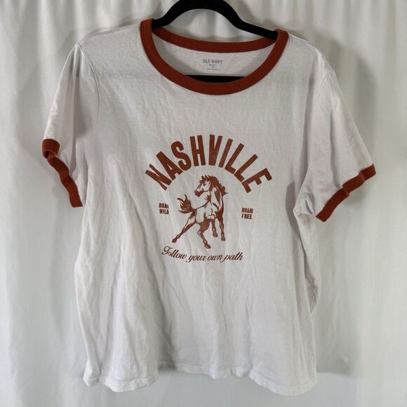 Old Navy Tops - Old Navy Shirt Women's XL White Orange Short Sleeve Crew Neck 100% Cotton